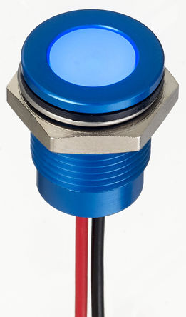 Flush Indicator Panel Mount, 14 (dia.)mm Mounting Hole Size, Blue LED, Lead Wire Termination, 10 mm Lamp Size, 24 V dc